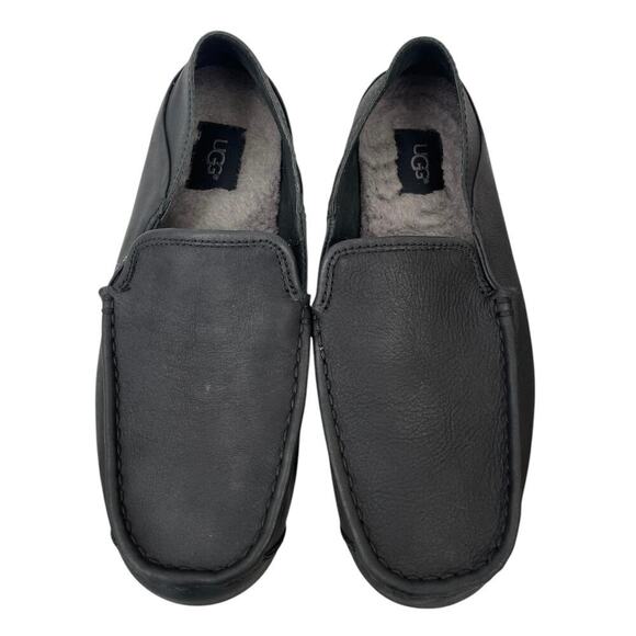 UGG Hunley Moccasin Black Leather Men’s 8 Sheepskin Insole Indoor Outdoor Loafer - Picture 2 of 10
